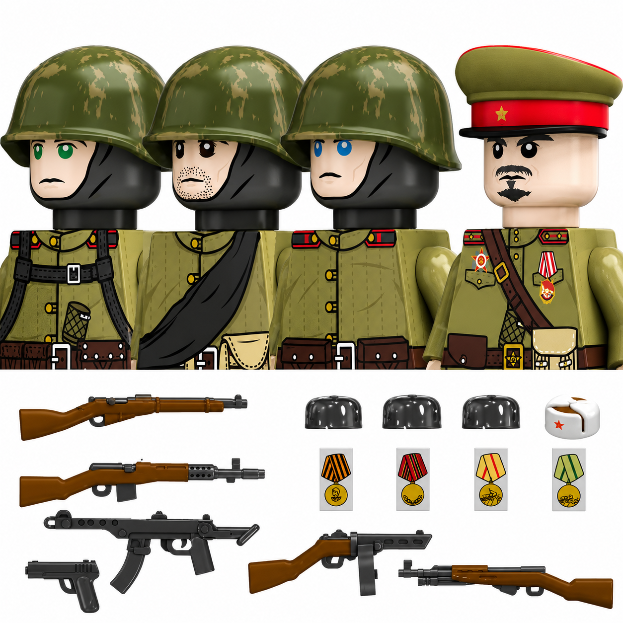 Soviet Soldiers WWII – Set of 4 Figures with Accessories